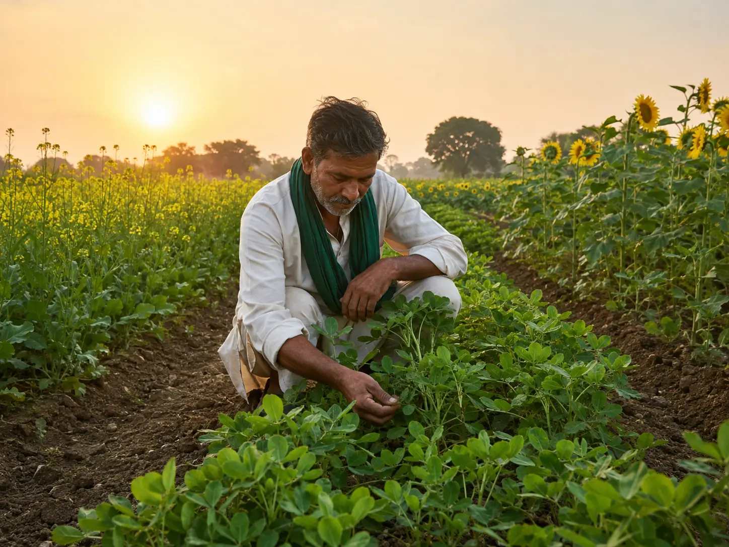 Indian farmer cultivating healthy oilseed crops