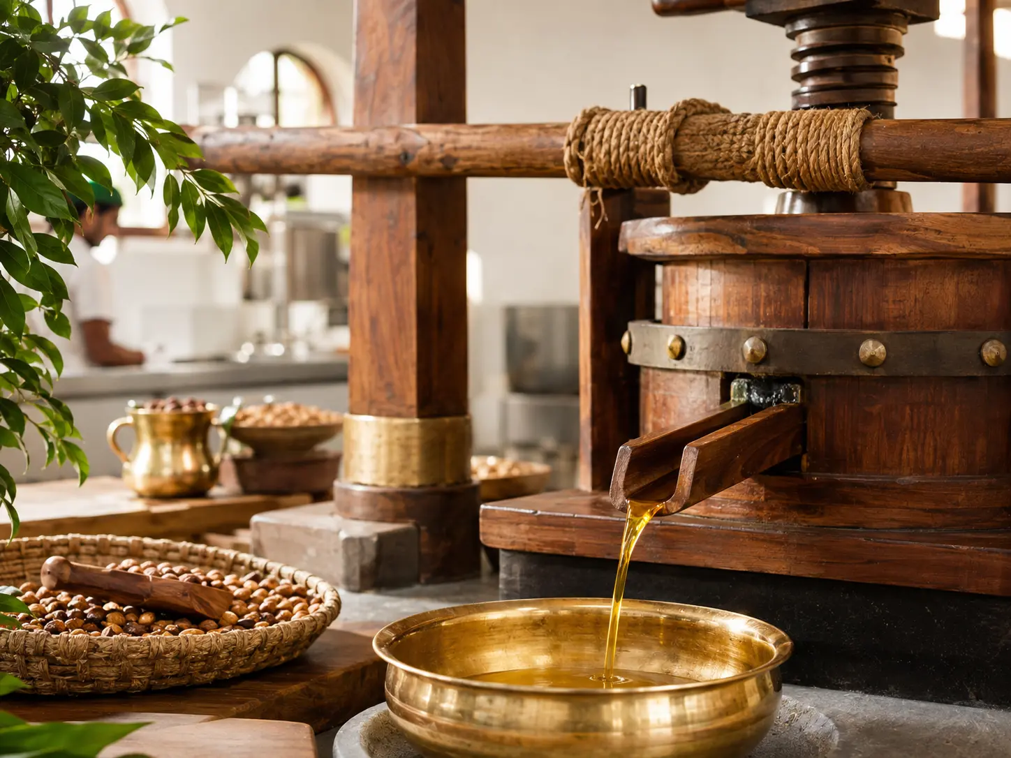 Golden oil flowing from a traditional wooden Lakdi Ghani press