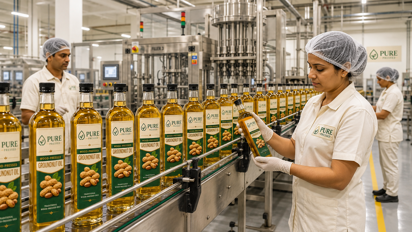 Pure Pressed bottles moving through a hygienic bottling and quality-check line