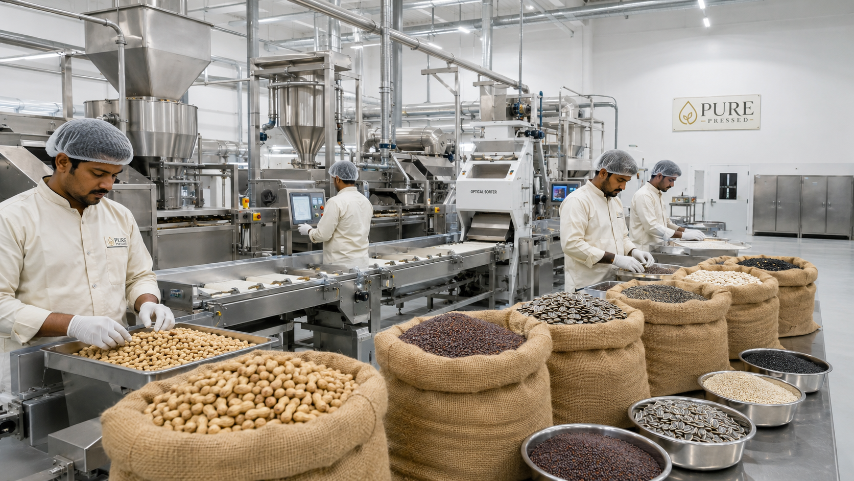 Pure Pressed oilseeds being cleaned and sorted before production