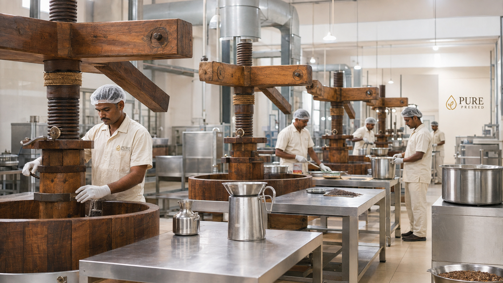 Hygienic Pure Pressed facility with traditional wooden ghani presses