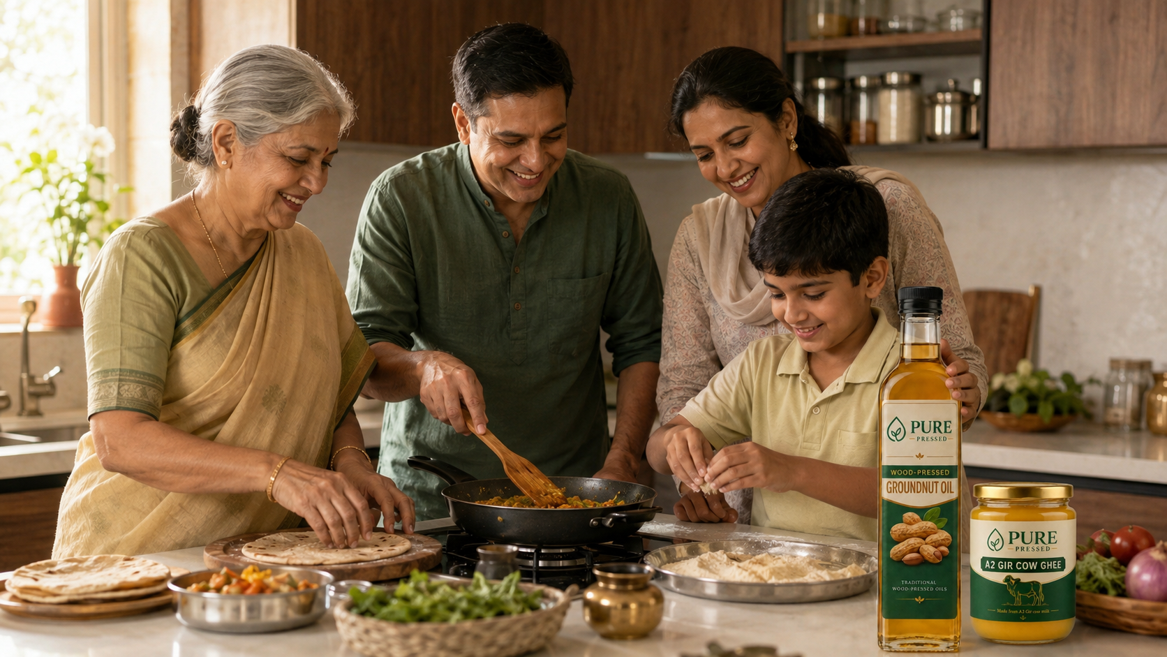 Three generations of an Indian family cooking with Pure Pressed oil and A2 Gir Cow Ghee