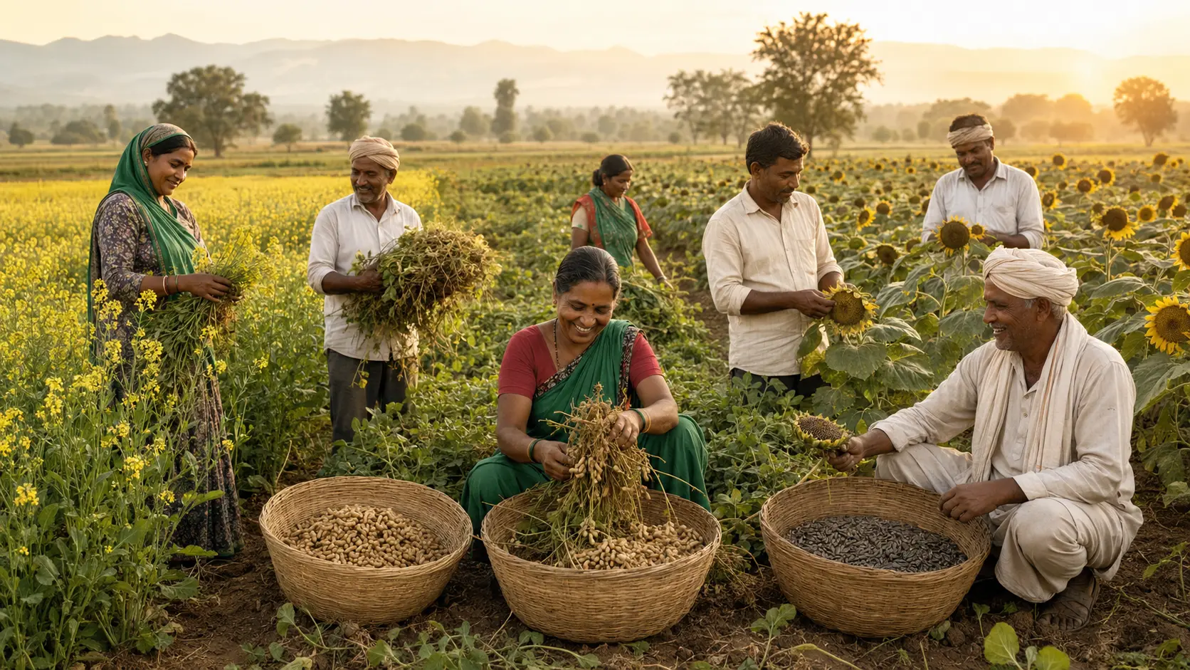 Indian oilseed farmers with mustard, groundnuts and sunflowers