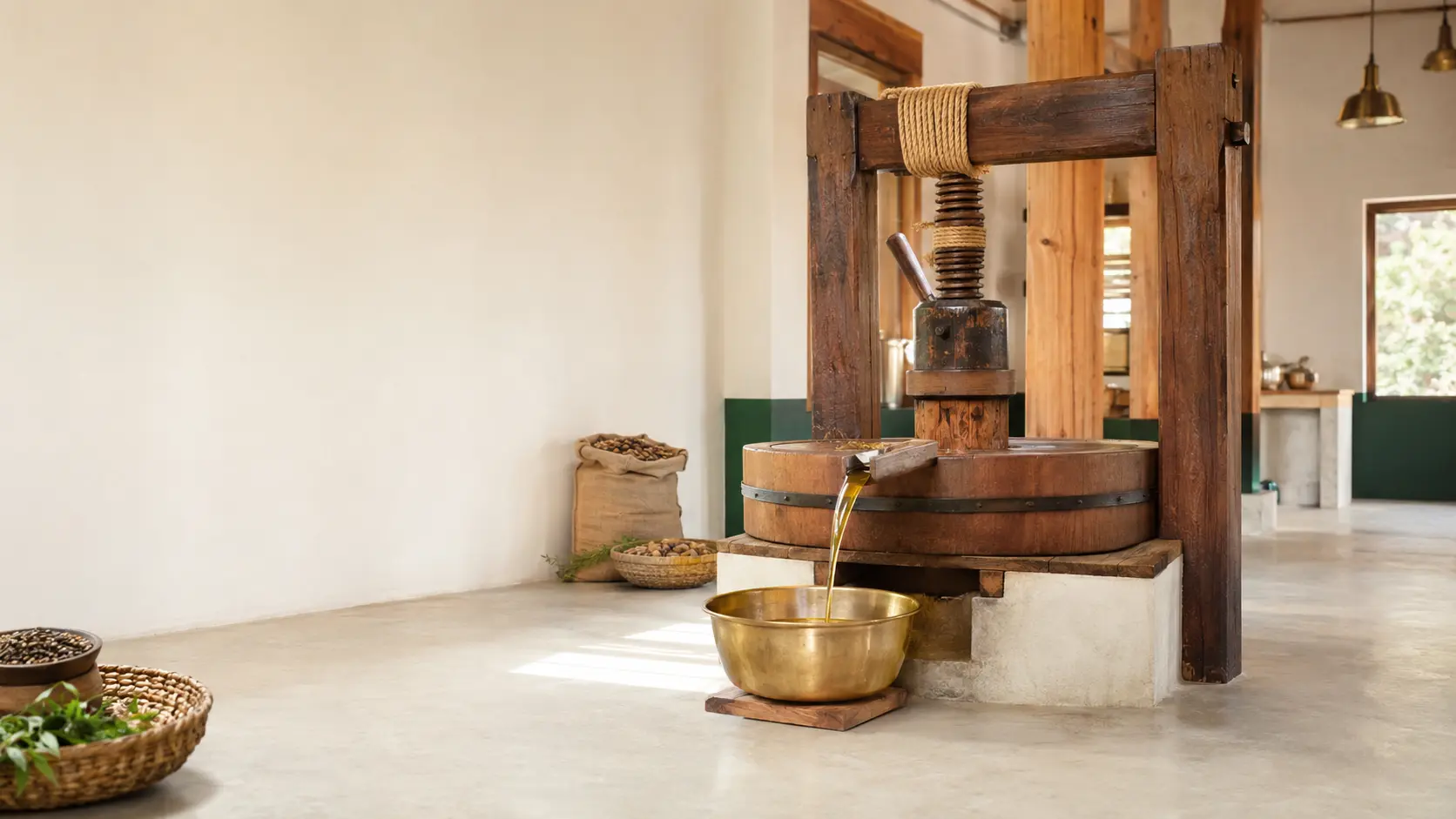 Traditional wooden Lakdi Ghani press releasing freshly pressed oil