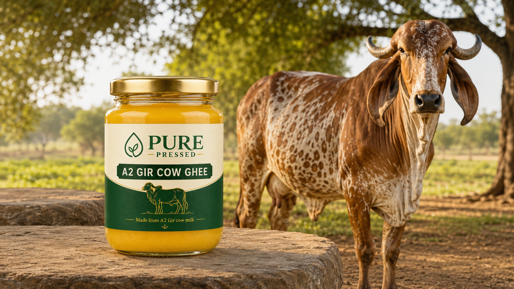 Pure Pressed A2 Gir Cow Ghee with a traditionally inspired presentation
