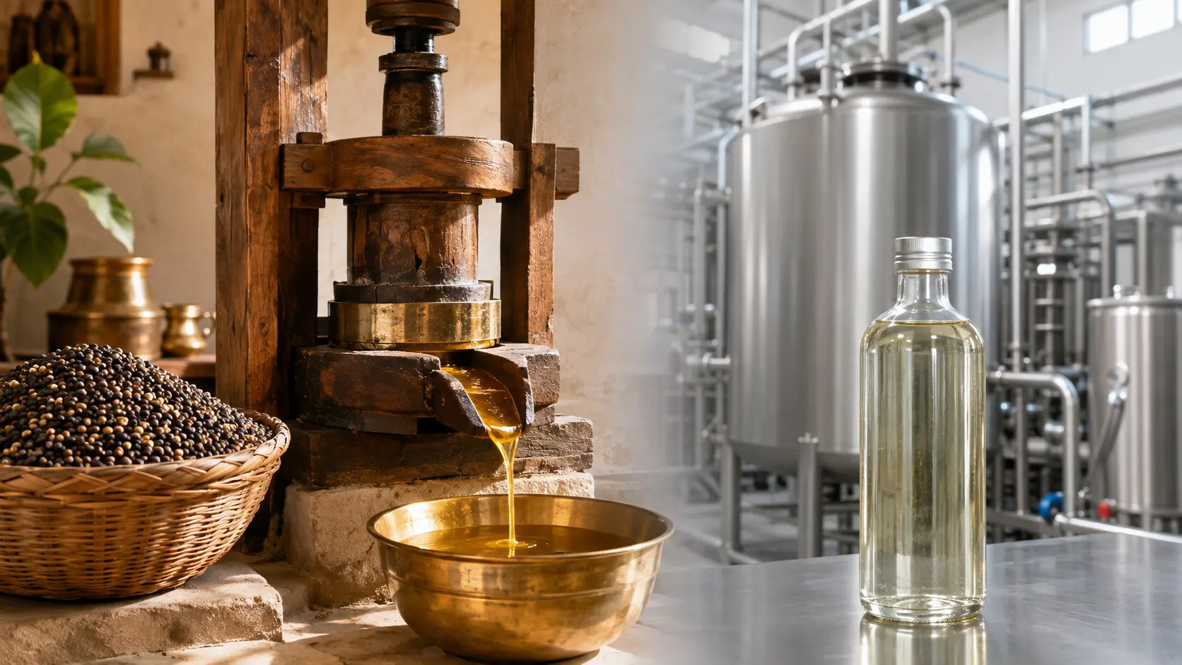 Natural wooden ghani pressing compared with industrial oil refining